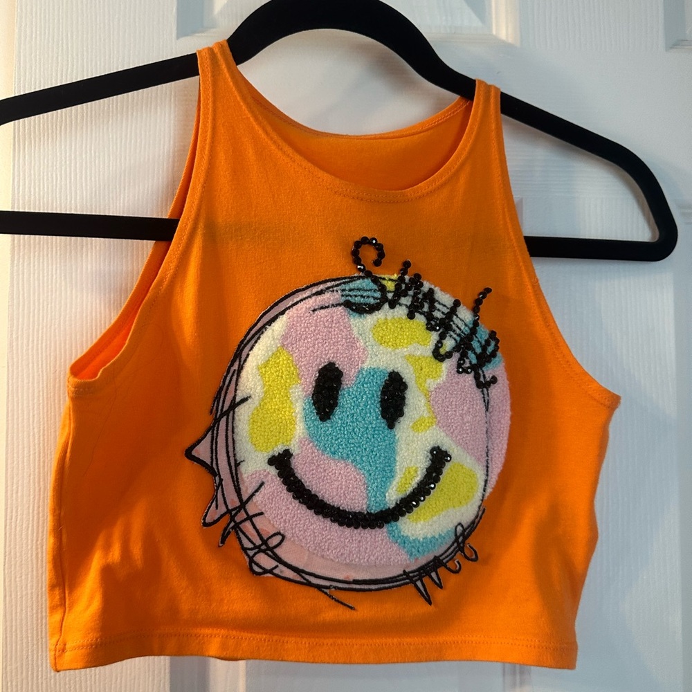 Orange Crop Top by Balera with Appliqué and belt. Worn for a tap costume. LC.